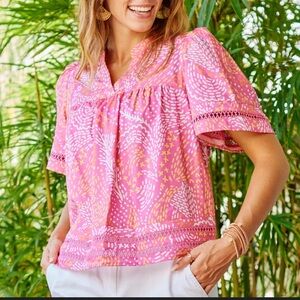Mary Square Pink Patterned Puff-Sleeve Blouse nwt size small